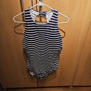 Lands End Woman's Size XL Navy Blue White Striped Nautical One Piece Swimsuit
